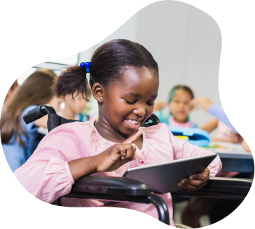 Girl in wheelchair holds a tablet